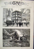 Original Old Antique Print Great Fire London 1891 Floating Fire Engine Thames