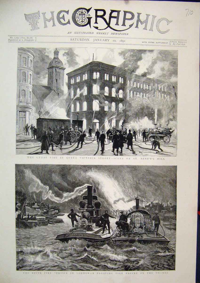 Original Old Antique Print Great Fire London 1891 Floating Fire Engine Thames