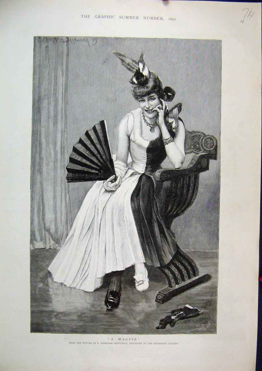 Original Old Antique Print Woman Sitting Chair Black White 1890 Magpie Hat Fan