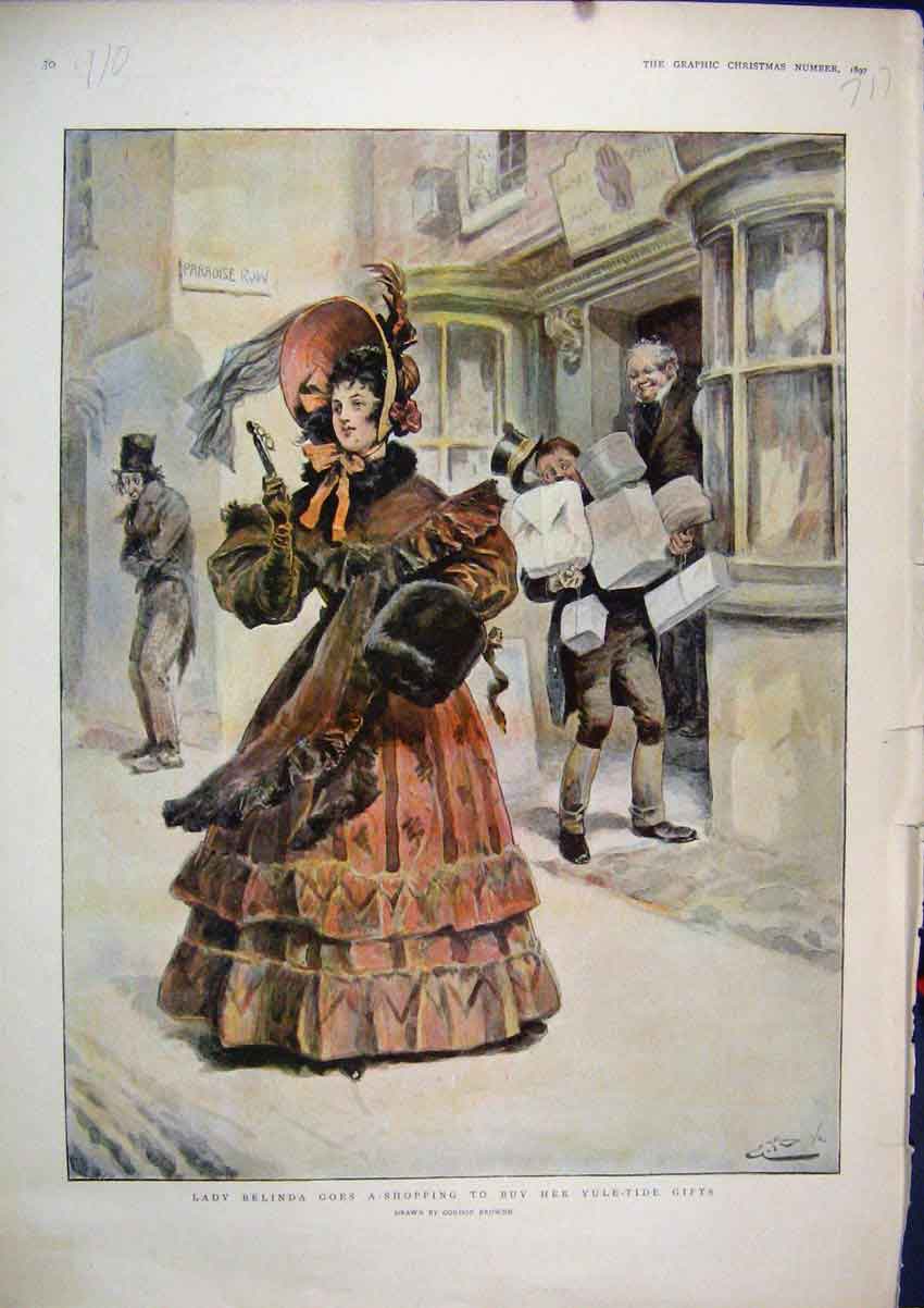 Original Old Antique Print 1897 Lady Belinda Shopping Yule-Tide Gifts Colour