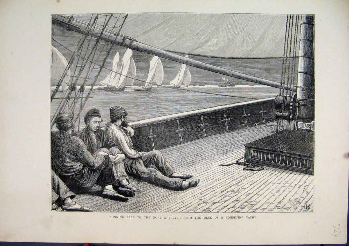 Original Old Antique Print 1872 Running Free Nore Sketch Deck Competing Yacht