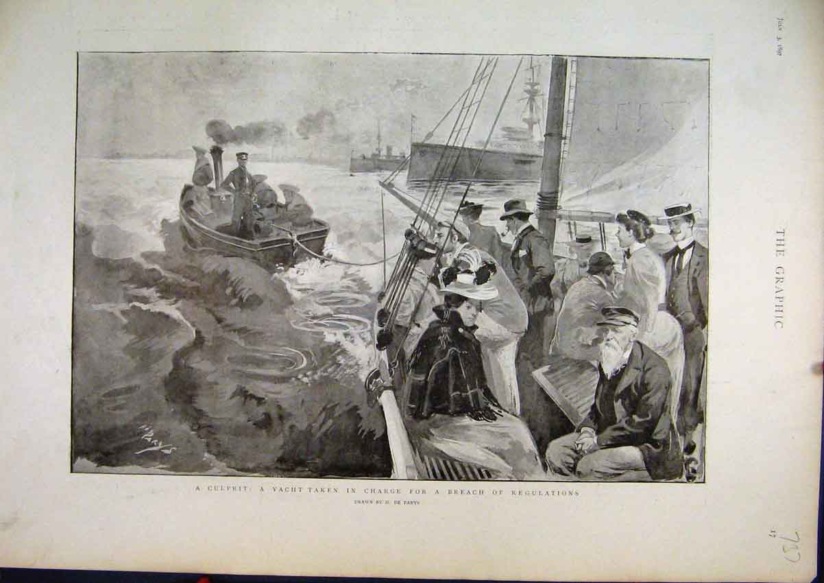 Original Old Antique Print 1897 Yacht Taken Charge Breech Regulations Sea Scene