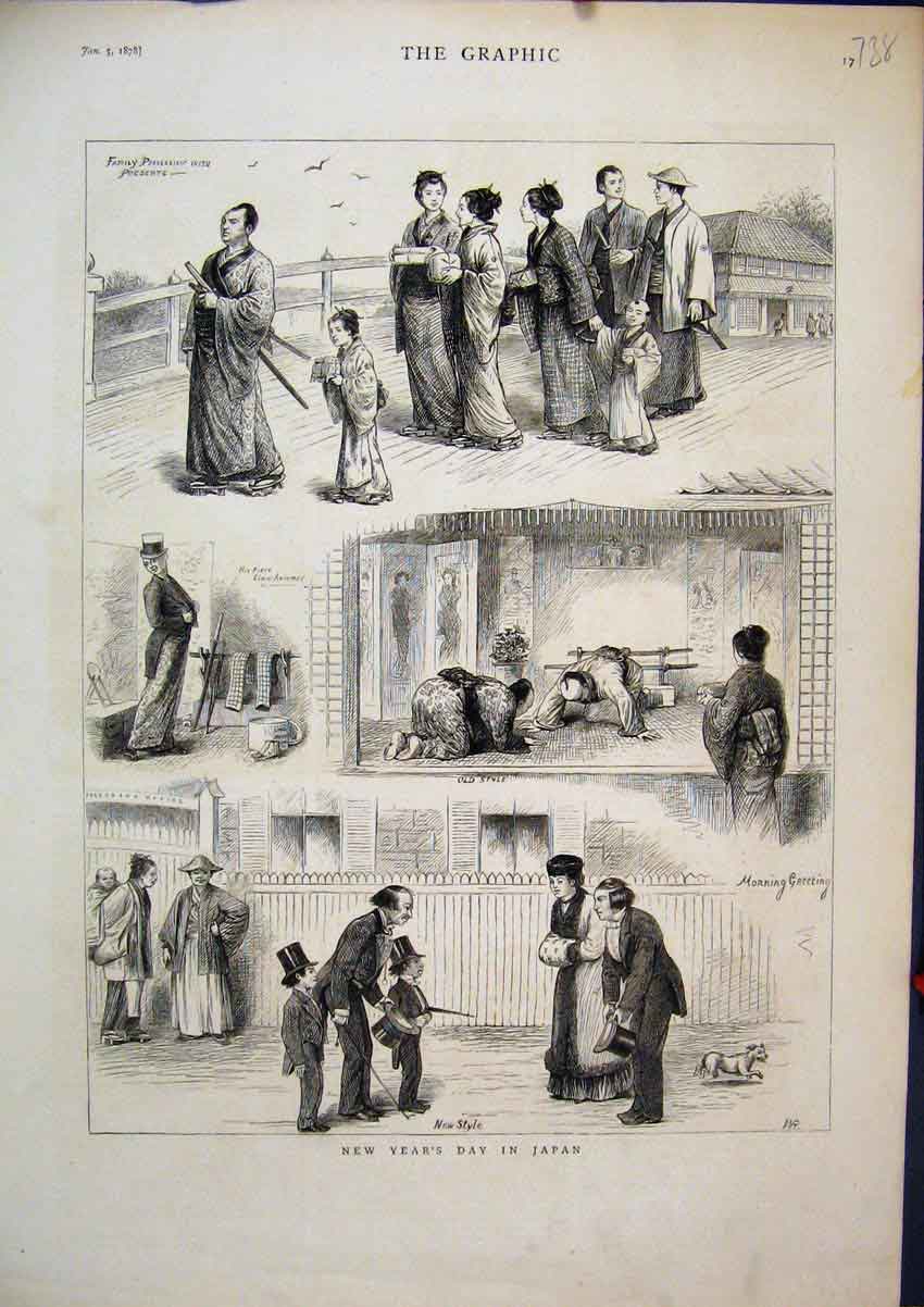 Original Old Antique Print 1878 New Years Day Japan Family Procession Presents