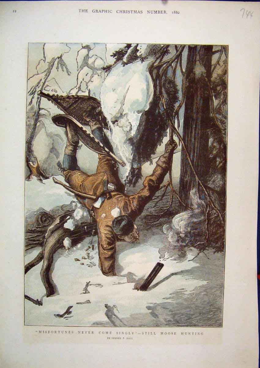 Original Old Antique Print 1880 Colour Moose Shooting Man Falling Snow Victorian