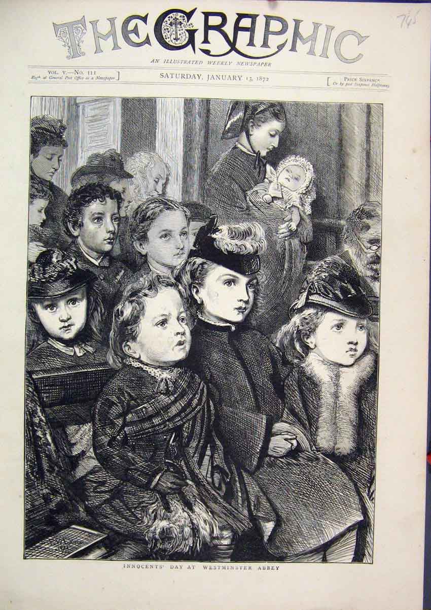 Original Old Antique Print Children Innocents Day 1872 Westminster Abbey Sketch