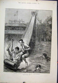 Original Old Antique Print 1890 Water Tobogganing Amusements Children Playing
