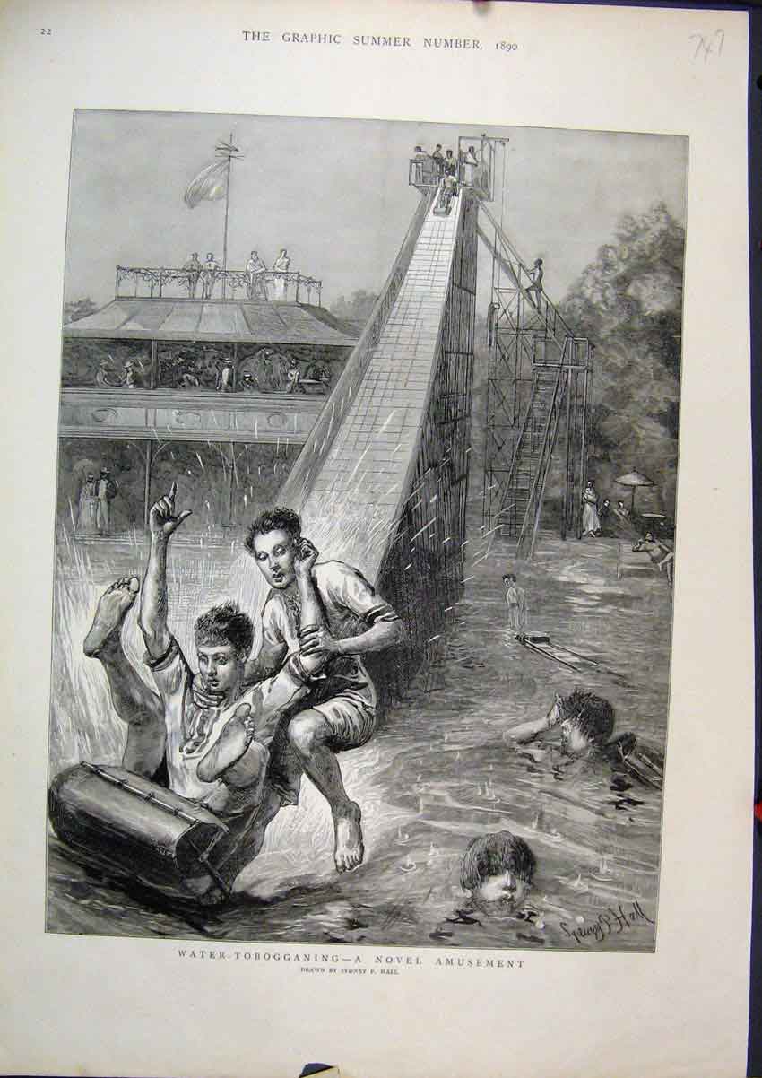 Original Old Antique Print 1890 Water Tobogganing Amusements Children Playing