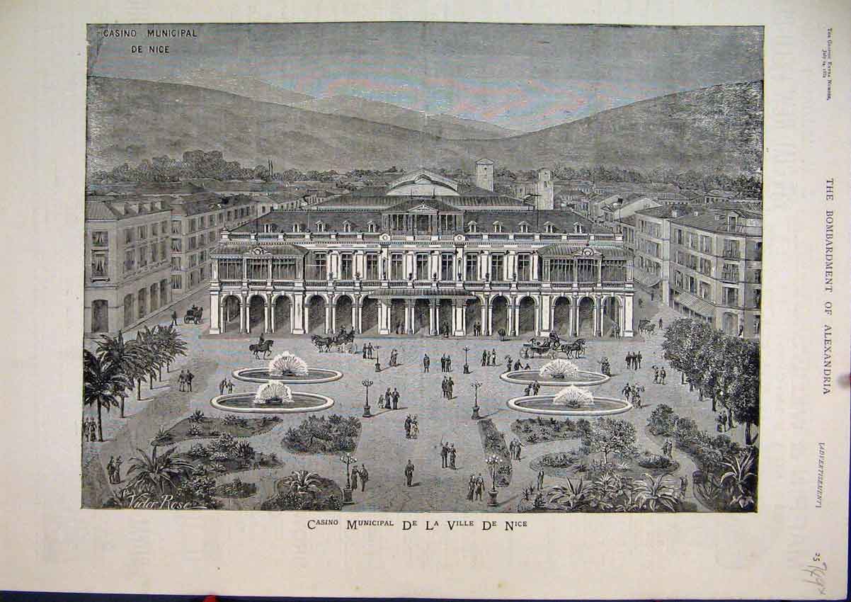 Old Antique Print Casino Municipal De La Ville De Nice 1882 Outdoor Scene 19th