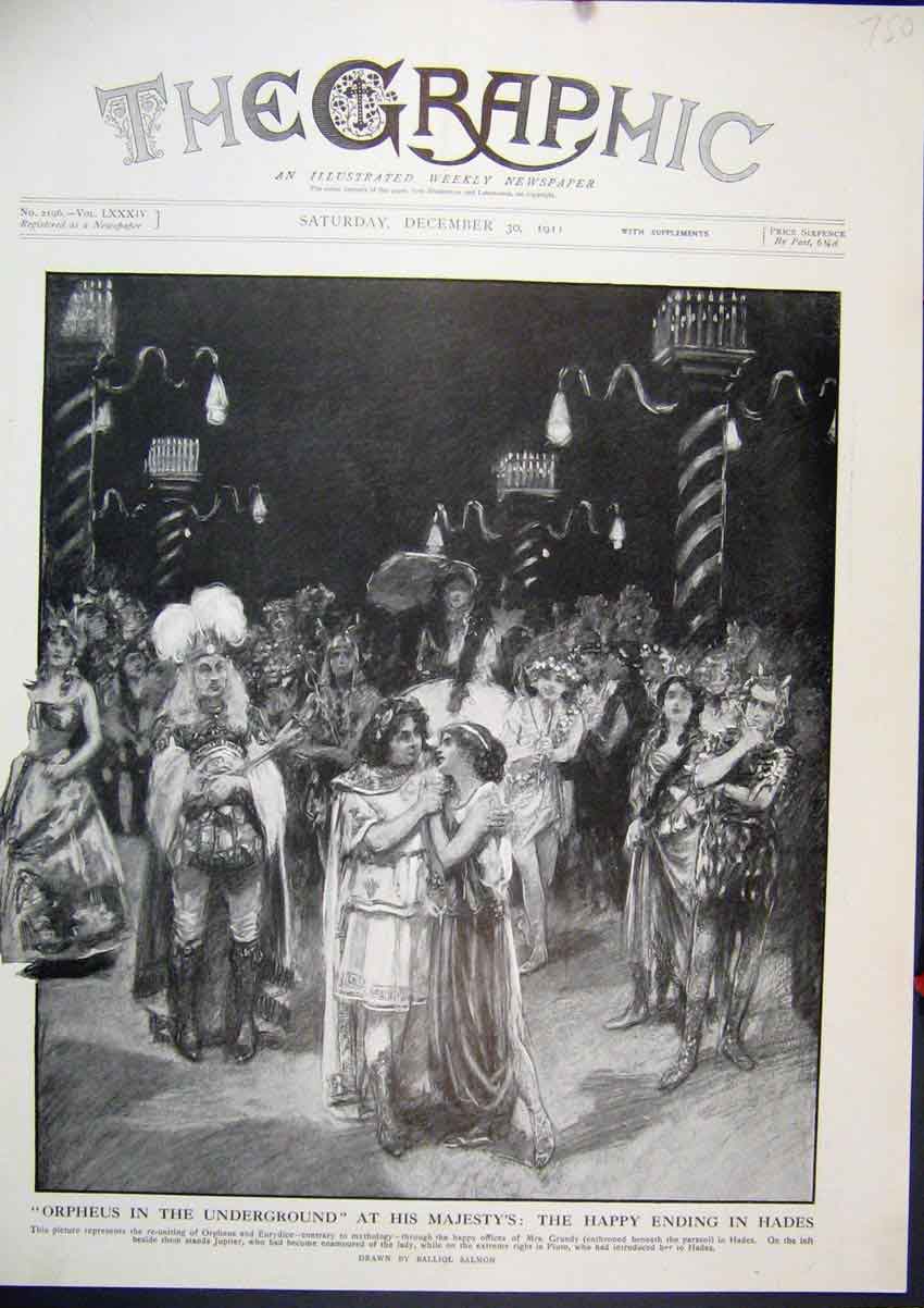 Original Old Antique Print 1911 Orpheus Undeeground Majesty Theatre Hades Ending
