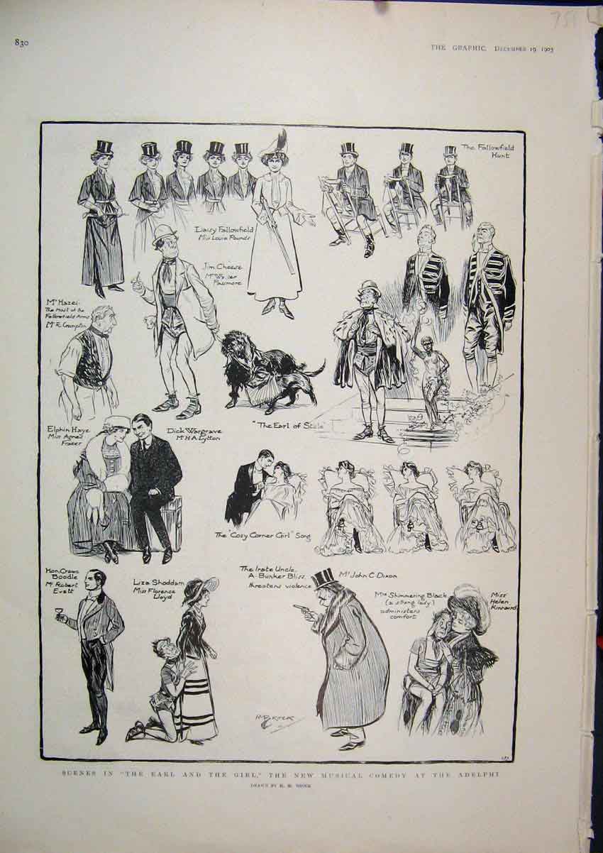 Old Antique Print 1903 Scene Earl Girl New Musical Comedy Adelphi Theatre 20th