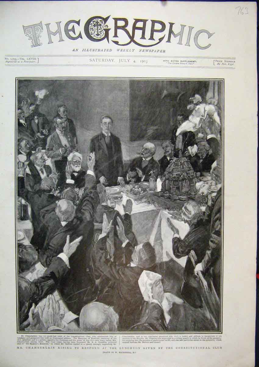 Old Antique Print Chamberlain 1903 Speaking Luncheon Constitutional Club 20th