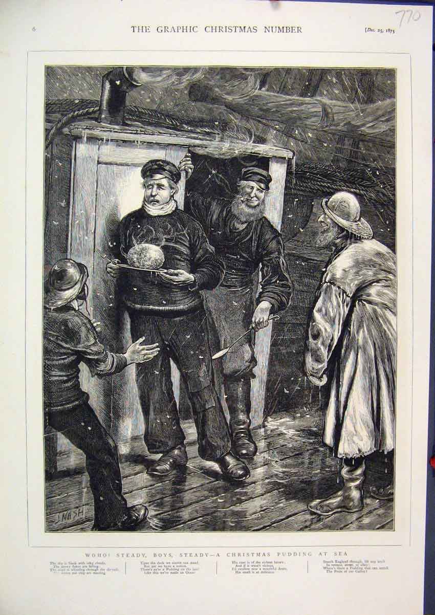 Original Old Antique Print 1875 Christmas Pudding Sea Board Ship Deck Snowing