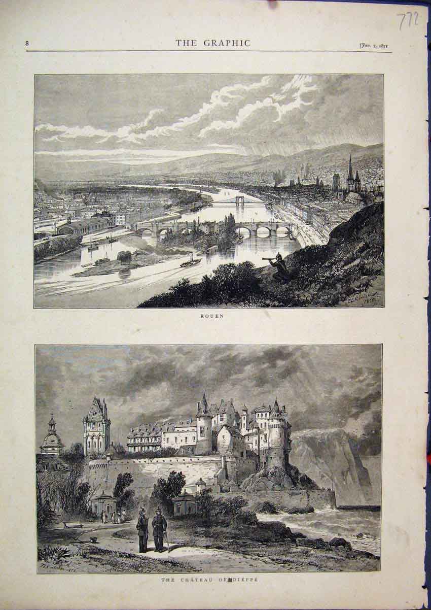 Original Old Antique Print 1871 Scene Chateau Dieppe Rouen Country View Sketch