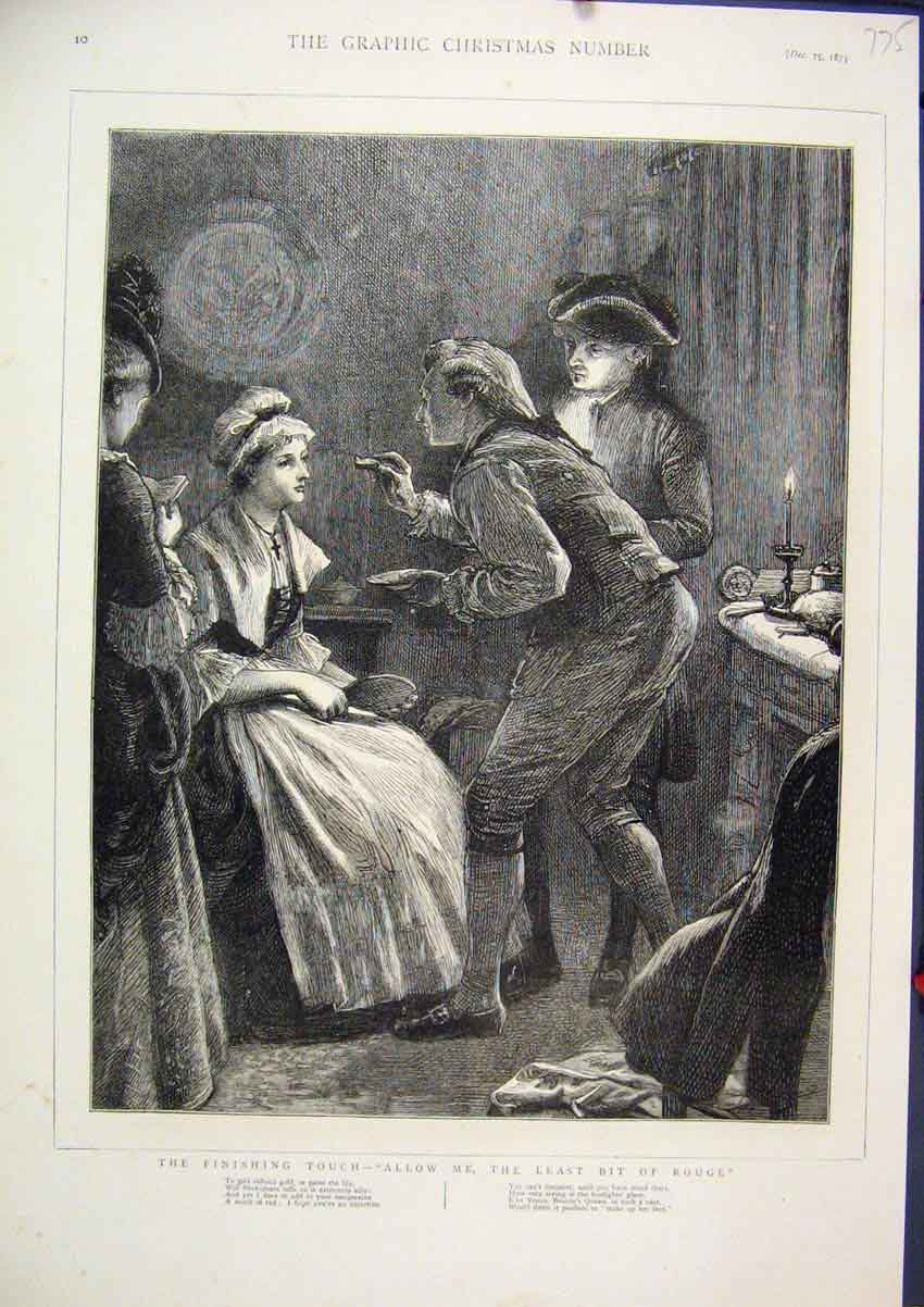 Original Old Antique Print 1875 Woman Make Up Touching Rouge 19th