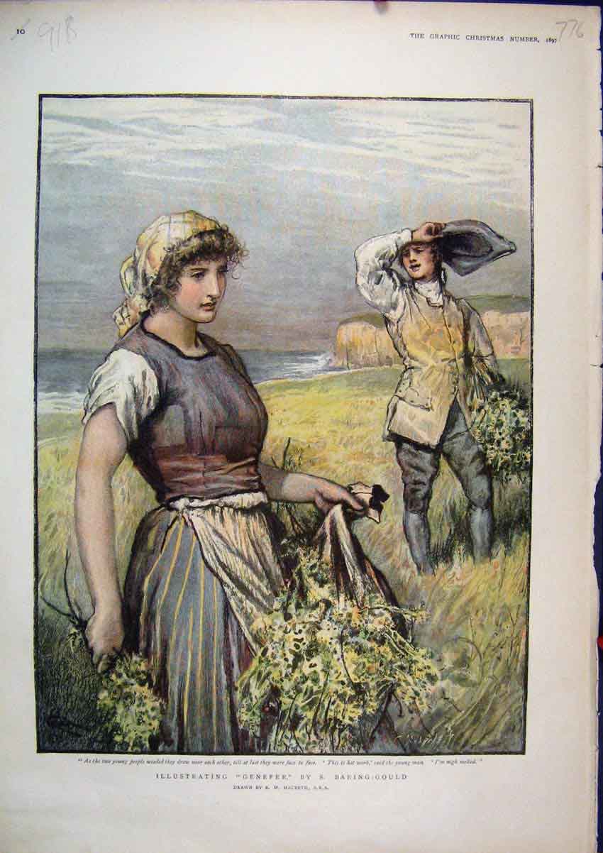 Original Old Antique Print Colour 1897 Working Country Field Genefer Coast 19th