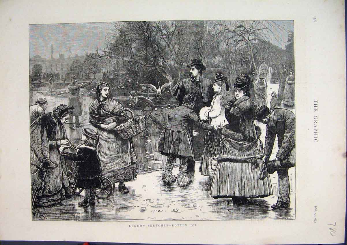 Original Old Antique Print 1873 London Scene Families Ice Skating Winter Trees