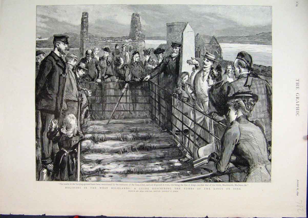 Original Old Antique Print 1892 Tombs Kings Iona Holiday West Highlands Scotland