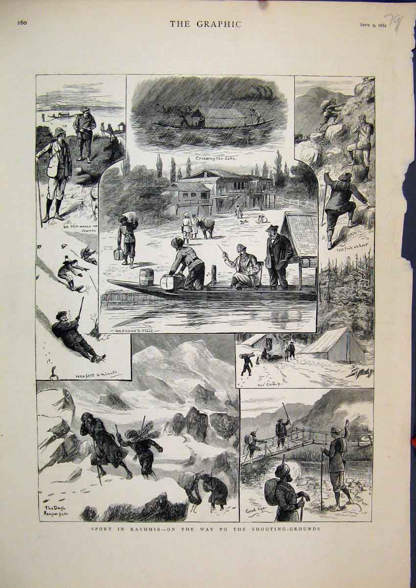 Original Old Antique Print 1882 Sport Kashmir Camp Dagh Ranjan Pass Shooting