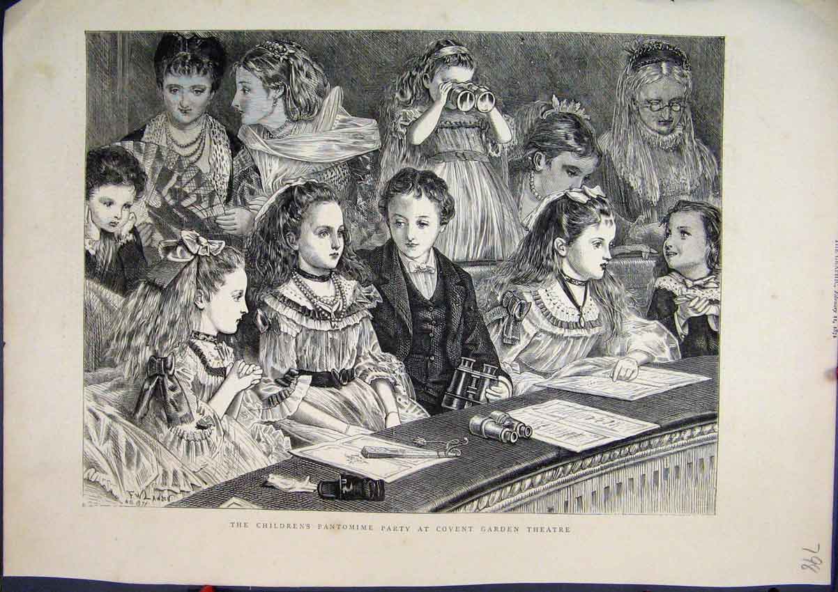 Original Old Antique Print Children Pantomime Party 1871 Covent Garden Theatre