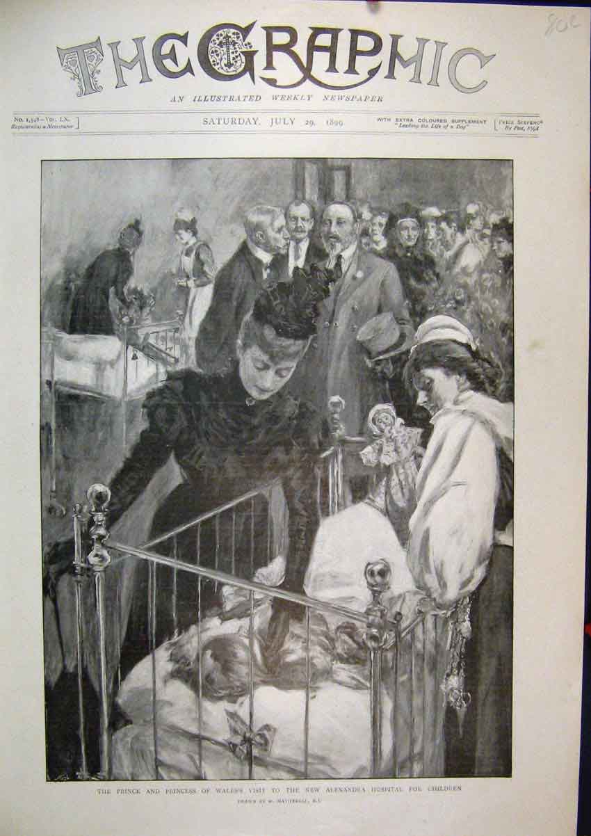 Original Old Antique Print 1899 Princess Wales Visit Alexandra Hospital Children