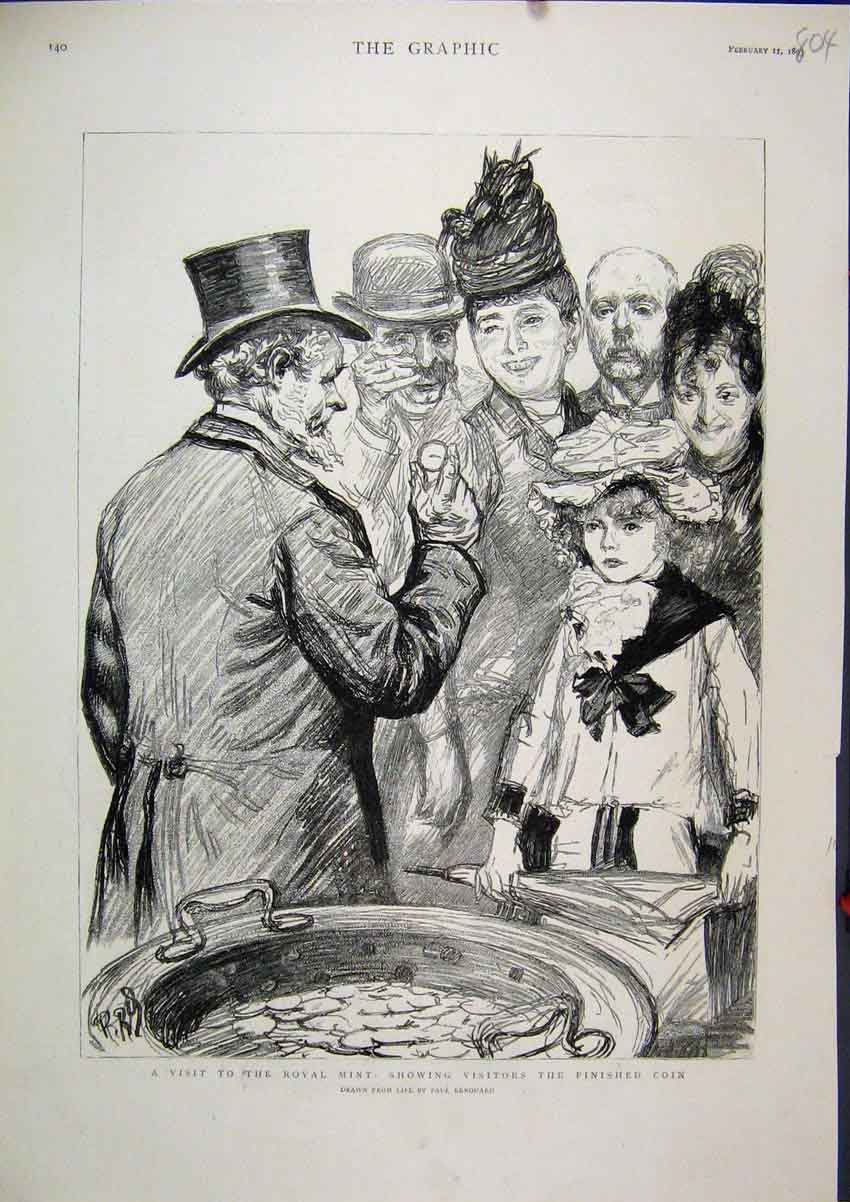 Original Old Antique Print Visit Royal Mint 1893 Visitors Finished Coin Money