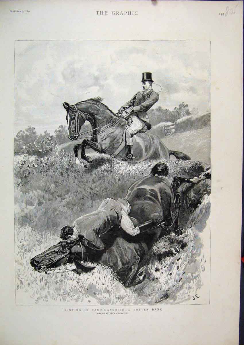 Original Old Antique Print 1891 Hunting Cardiganshire Horses Rotten Bank Falling