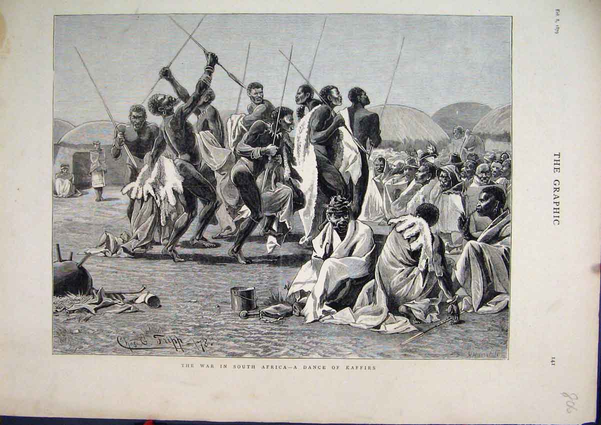 Original Old Antique Print 1879 War South Africa Dance Kaffirs Men Spears Camp