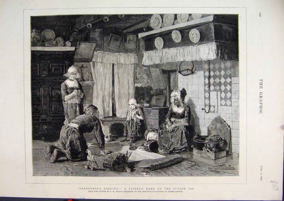 Old Antique Print 1877 Fisher Home Zuyder Zee Grandpa Darling Little Girl 19th