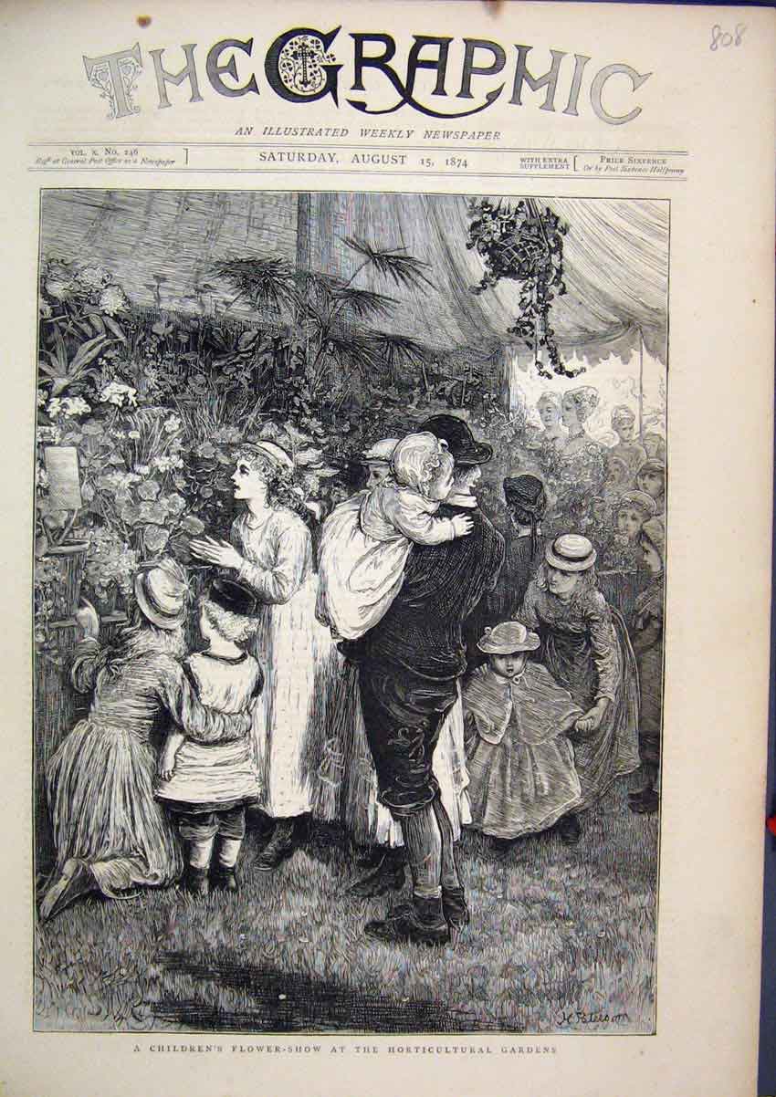 Original Old Antique Print 1874 Children Flower Show Horticultural Gardens 19th