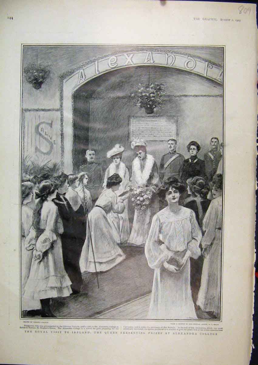 Old Antique Print Royal Visit Ireland 1903 Queen Prizes Alexandra College 20th