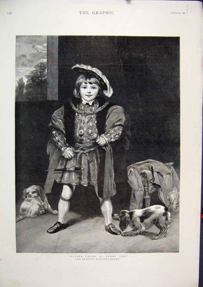 Original Old Antique Print 1890 Master Crewe Dressed Henry Viii Little Dogs Play