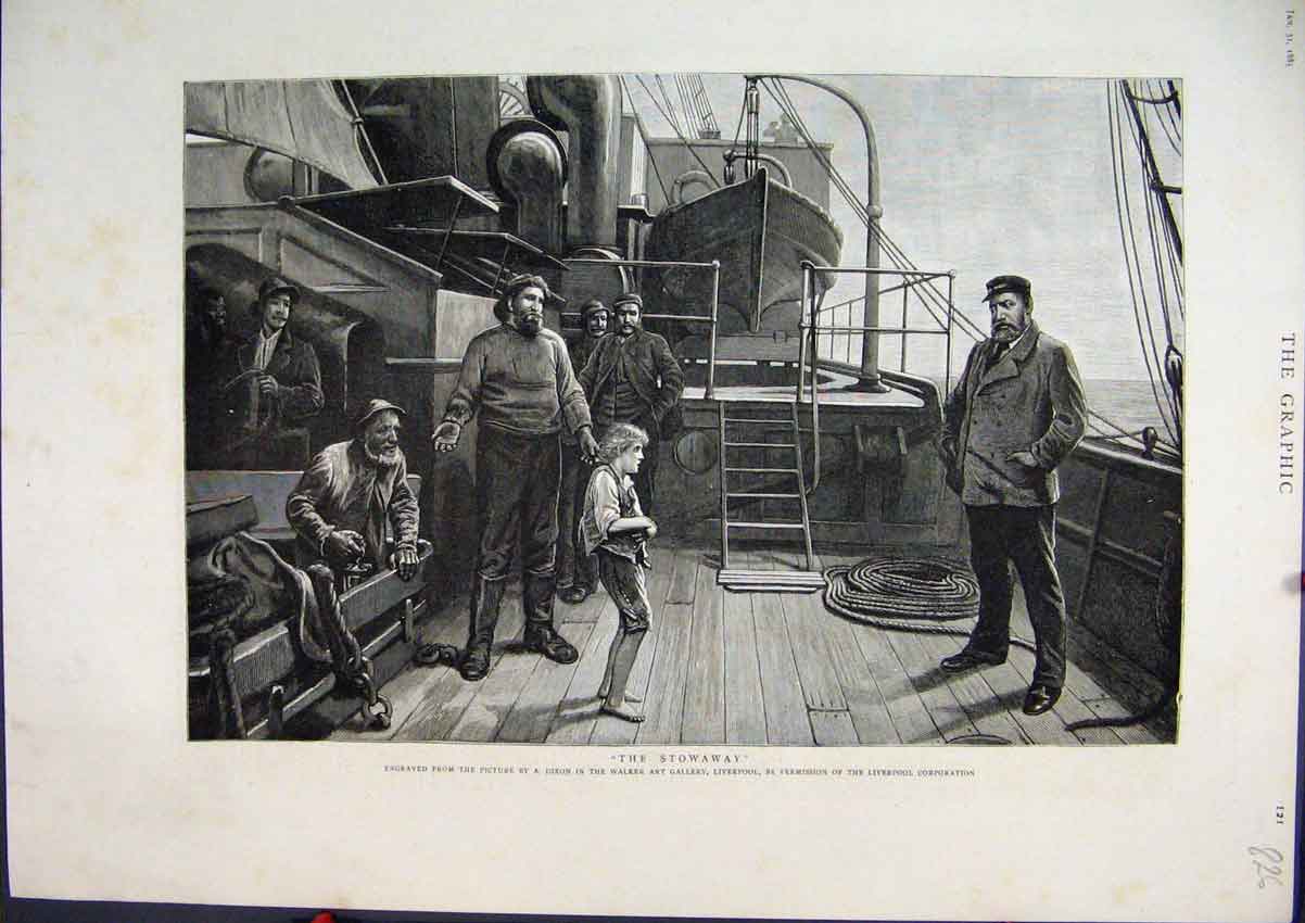 Old Antique Print Young Boy Stowaway Ship 1885 Men Board Lifeboat Sketch 19th