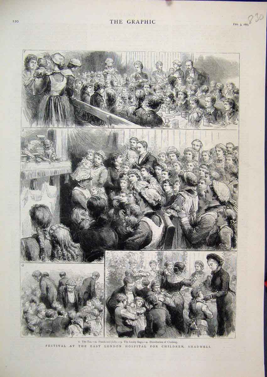 Original Old Antique Print 1883 Festival East London Hospital Children Shadwell