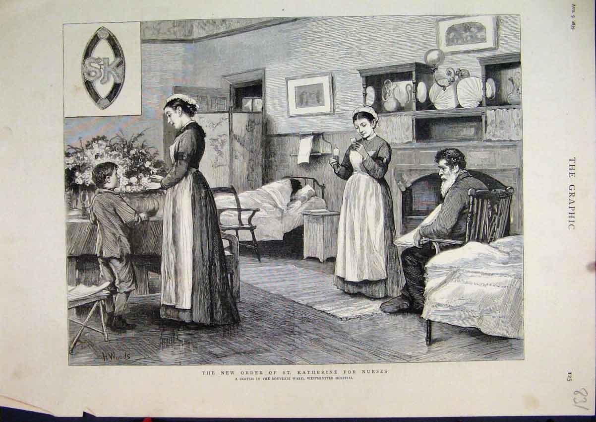 Old Antique Print 1879 New Order Katherine Nurses Bouverie Ward Hospital 19th