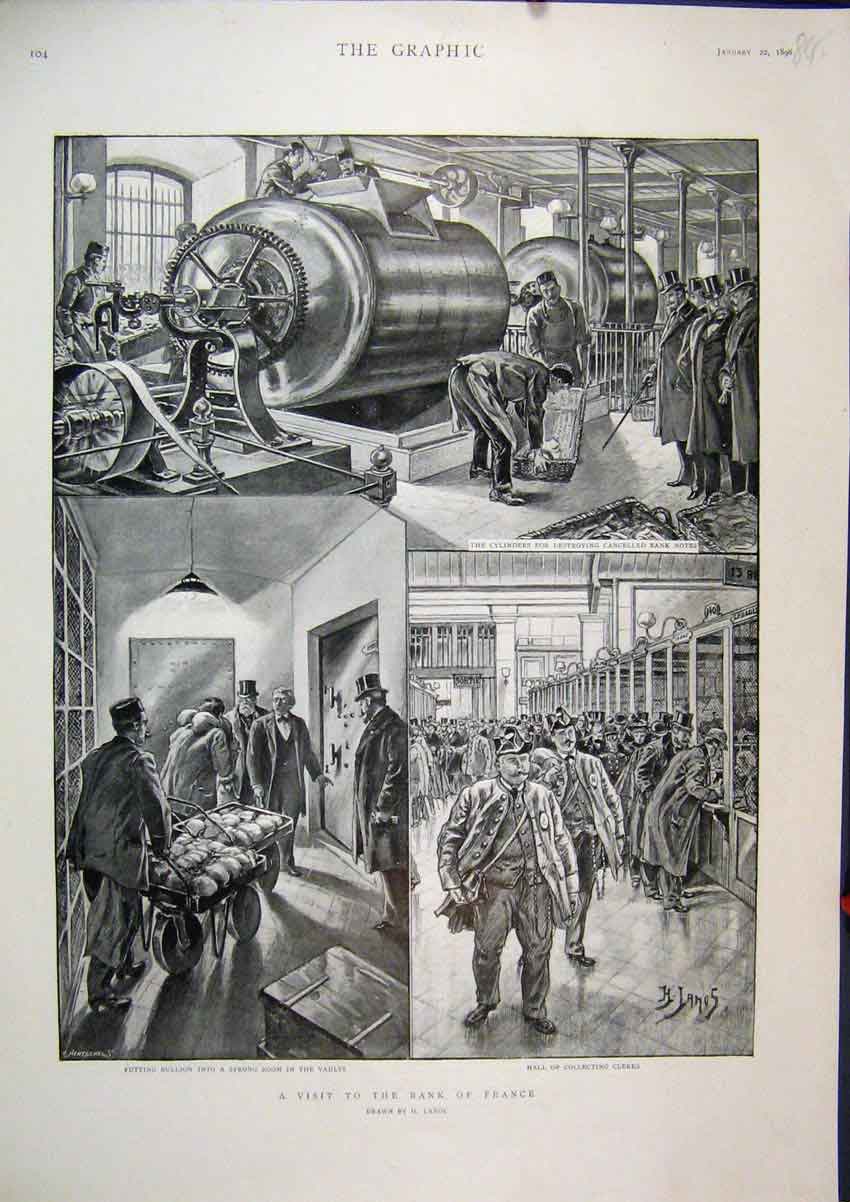Old Antique Print 1898 Visit Bank France Bullion Strong Room Clerks Notes 19th