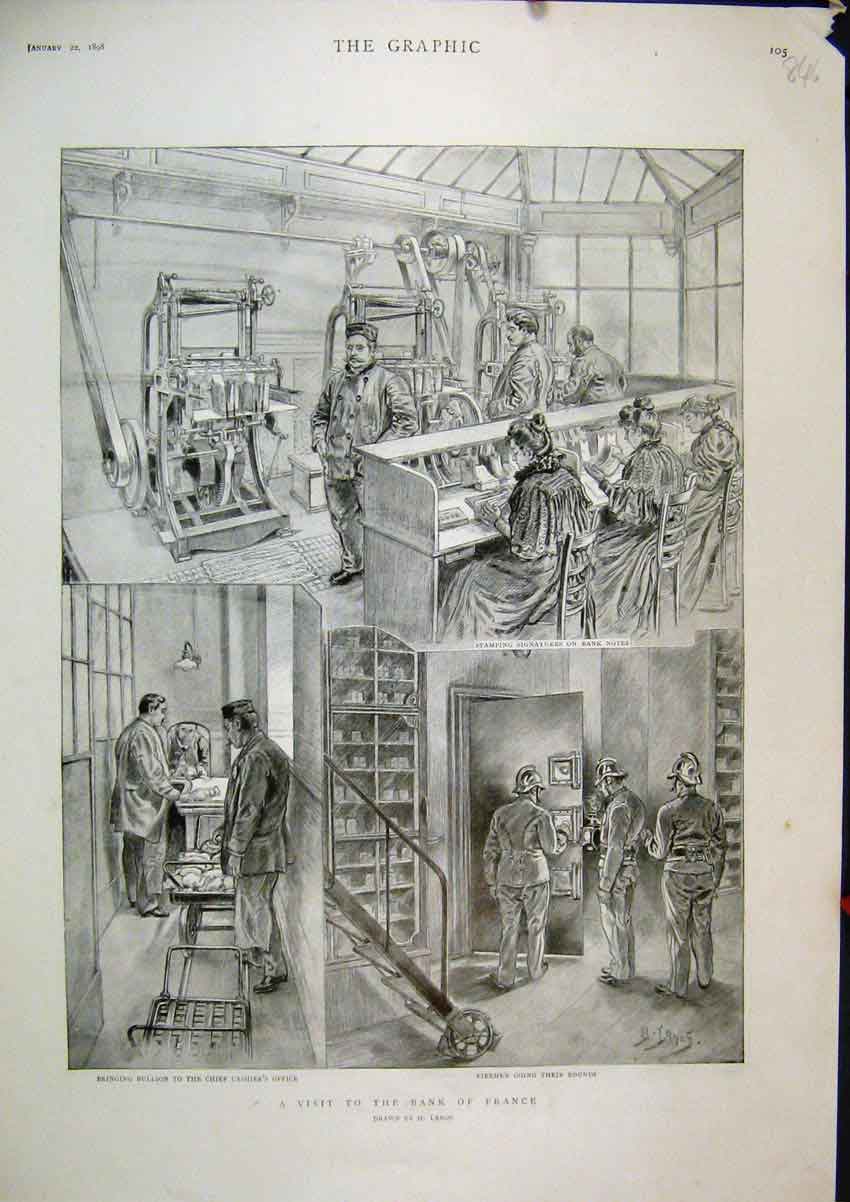 Old Antique Print 1898 Visit Bank France Cashiers Office Firemen Stamping 19th