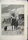 Original Old Antique Print 1891 Searching New Home Scene Far West Horses Dog