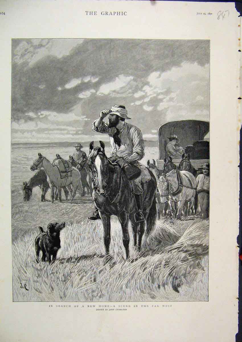 Original Old Antique Print 1891 Searching New Home Scene Far West Horses Dog