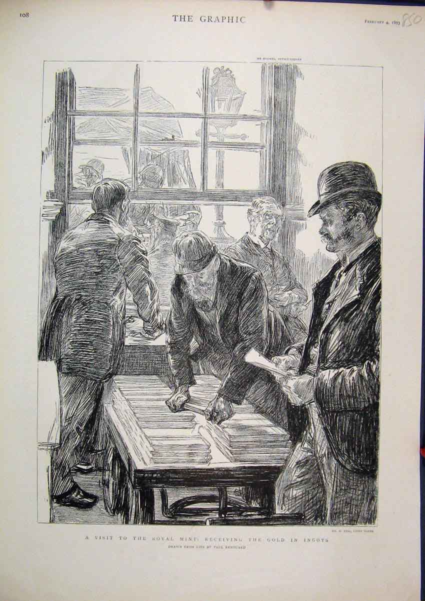 Original Old Antique Print 1893 Visit Royal Mint Men Receiving GIngots Sketch