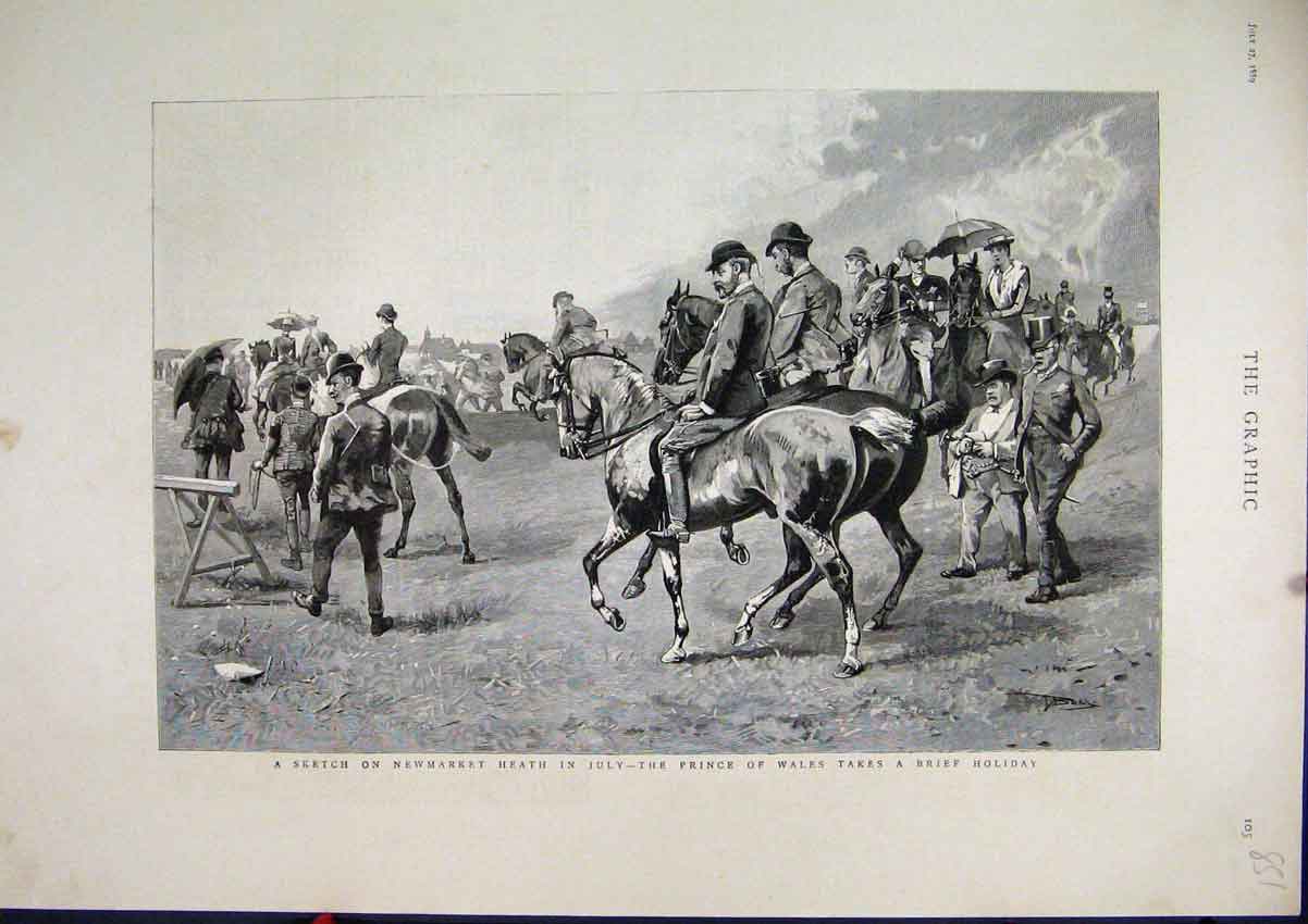 Original Old Antique Print 1889 Newmarket Heath Horses Prince Wales Holiday 19th
