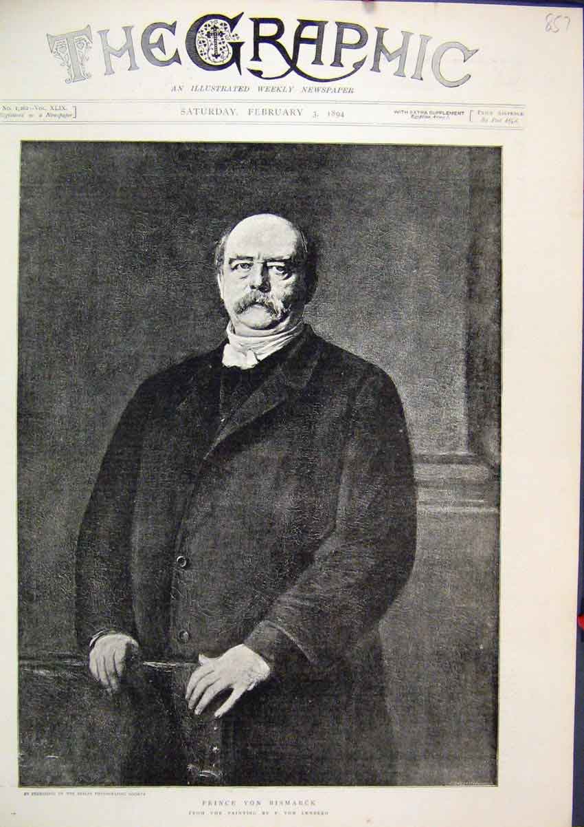 Original Old Antique Print 1894 Portrait Prince Von Bismarck Lenberg Fine Art