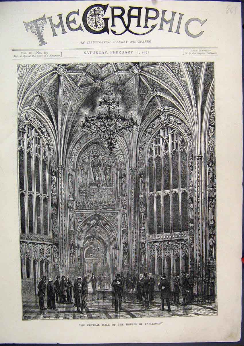 Original Old Antique Print Central Hall Houses Parliament 1871 Judges Victorian