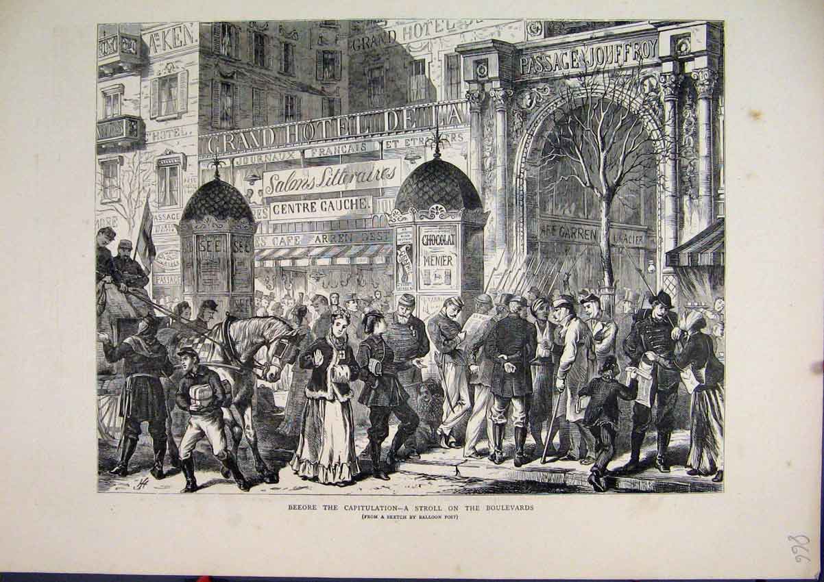 Old Antique Print 1871 Stroll Boulevards Before Capitulation Hotel Sketch 19th
