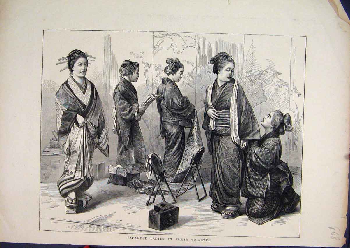 Original Old Antique Print 1871 Japanese Ladies Toilette Dressing 19th