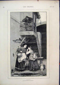 Original Old Antique Print 1874 Woman Gossip Scandal Man Listening Upstairs 19th