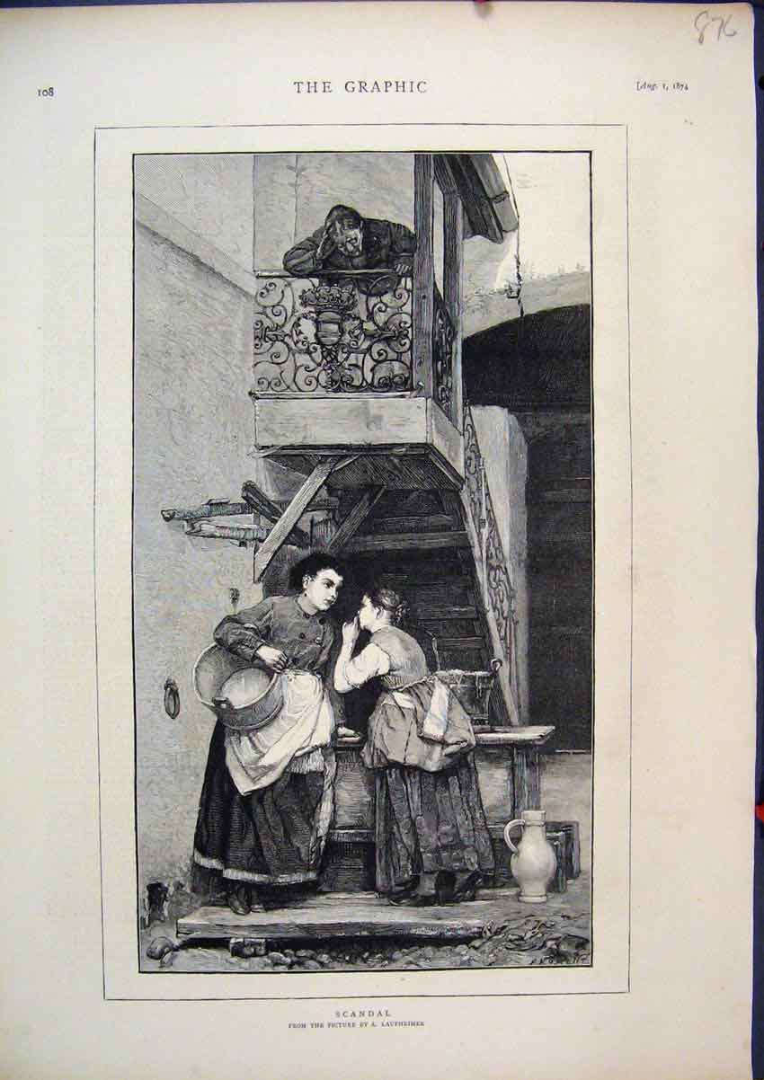 Original Old Antique Print 1874 Woman Gossip Scandal Man Listening Upstairs 19th
