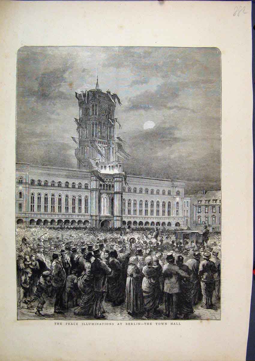 Original Old Antique Print 1871 Peace Illumination Berlin Town Hall Victorian