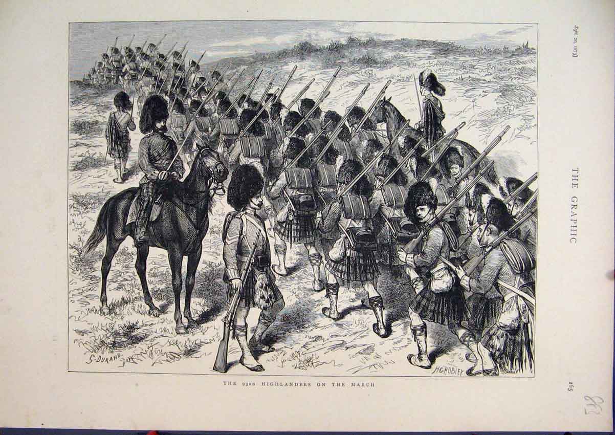 Original Old Antique Print 1873 Scottish Highlanders Siers Marching Horses 19th