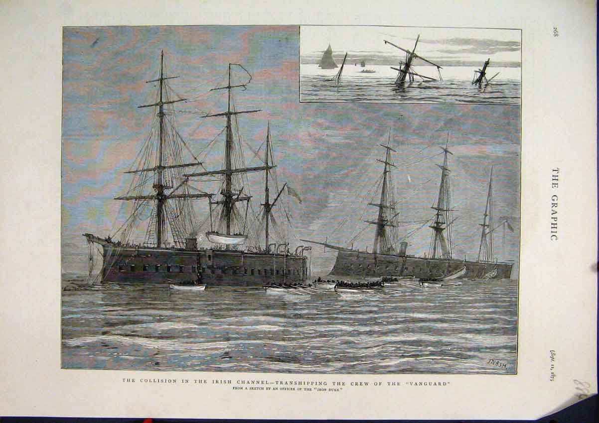 Old Antique Print 1875 Collision Irish Channel Transhipping Vanguard Crew 19th