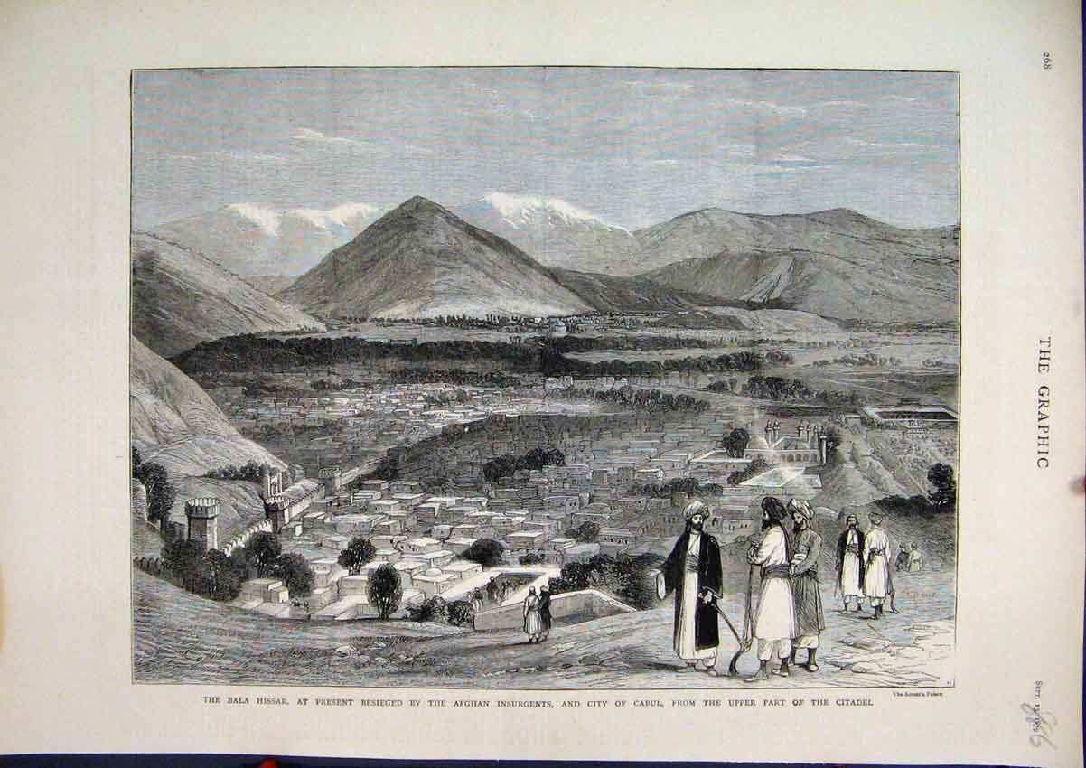 Old Antique Print 1879 Bala Hissar City Cabul Upper Citadel Afghan Sketch 19th